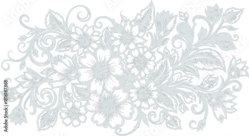 This description details a single, elaborate floral illustration characterized by its intricate detail and traditional aesthetic