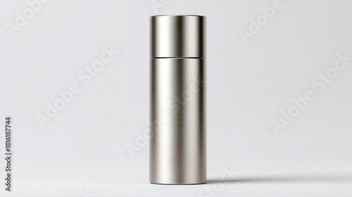 Brushed stainless steel cylindrical container with a minimalistic design showcasing premium metallic texture and clean lines on a white background, ideal for modern product promotion