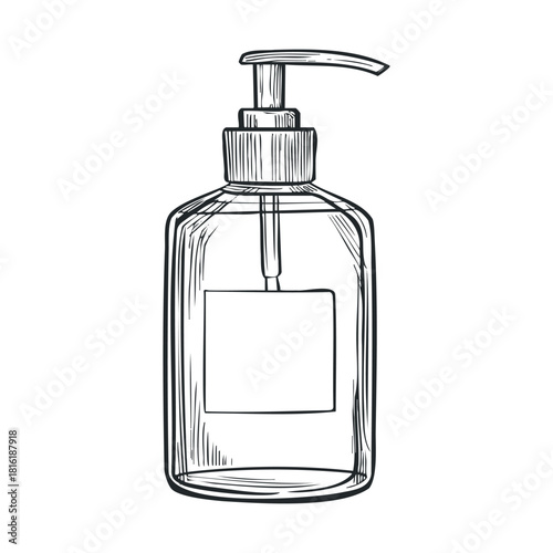 Clear glass bottle with pump for liquid soap or lotion storage.Vector hand draw