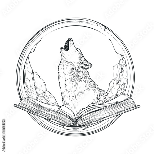 Howling wolf inside open book design for creative projects.Vector hand draw