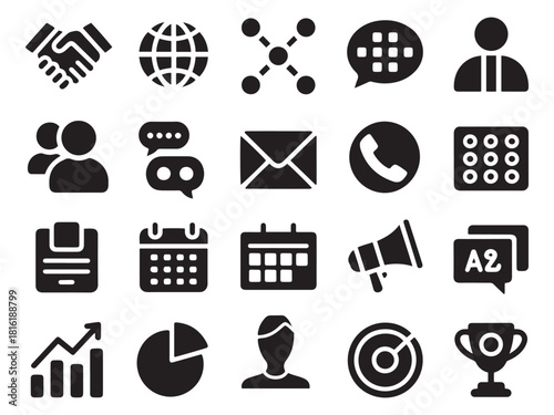 Glyph icon set for business communication and technology concepts simple design