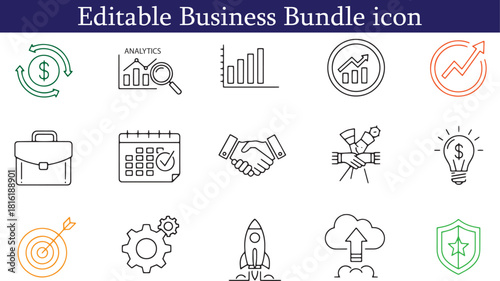 Collection of business icon vectors illustrating various aspects of success investment project management and strategic planning for corporate growth and financial development
