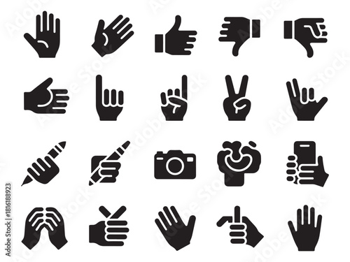 Collection of 20 glyph style hand gestures icons for digital communication and design projects