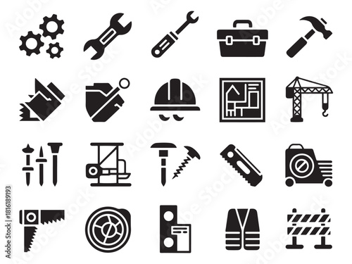 Collection of 20 glyph style icons representing tools and construction elements