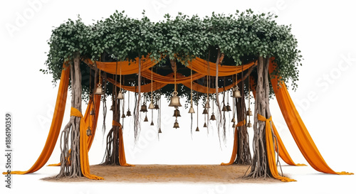Orange draped fabric and hanging bells decorate tree trunks. Ideal for indian wedding decoration background, branding, and social media content.