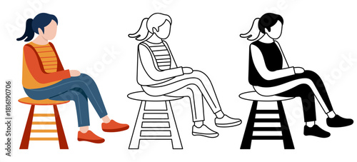 Casual young woman sitting on a stool isolated flat vector illustration