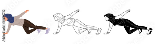 Young woman in hijab practicing fitness exercises isolated flat vector illustration
