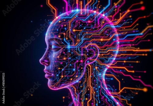 Futuristic digital artificial intelligence human head neon circuit technology glowing innovation create vibrant image of human head with neon circuits symbolizing advanced artificial intelligence