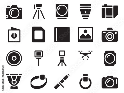 Collection of 20 glyph style photography icons representing cameras lenses and accessories
