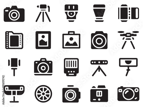 Collection of 20 glyph style photography icons for digital and print media