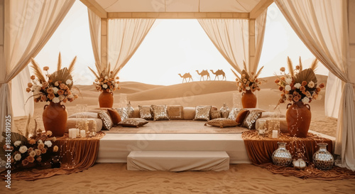 Beige desert wedding setup features soft lighting and floral arrangements. Ideal for branding, event photography, and social media promotion.