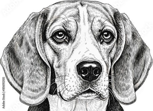 Hand drawn sketch of beagle dog head, black and white vintage engraving style vector illustration, isolated on white background for pet design.