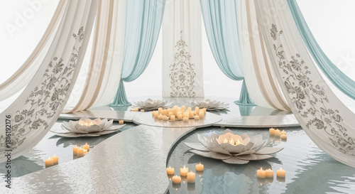Teal and Ivory fabric creates an Indian wedding decoration. The water reflects candles and flower. Backdrop for wedding videography.