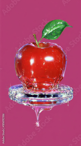 Red apple suspended above clear glass plate with melting reflections creates surreal vibrant scene. Bold colors and glossy textures evoke imaginative artistic concept.
