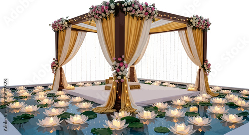 Ivory and gold draping accents this Indian wedding mandap. Soft floral details. Ideal for event photography, wedding website.