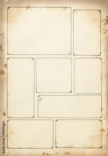 Vintage comic page template with aged sepia tones and empty panels. Retro layout evokes nostalgic storytelling and classic graphic narrative style.

