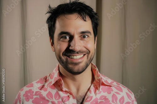 Man stares directly with unsettling intense expression, creating eerie dramatic mood. Close-up portrait emphasizes shadows, texture, and psychological tension.
