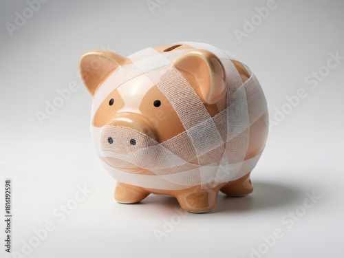 Piggy bank wrapped with bandages suggests financial struggle and recovery. Soft lighting highlights concept of savings, economic pressure, and careful money management.
