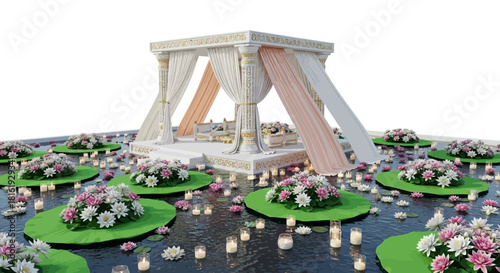 White and Gold Indian Wedding Mandap shines, draped in cloth, amidst flowers and candles. Use for ceremony backdrop, wedding invitation, or Hindu ritual visuals.