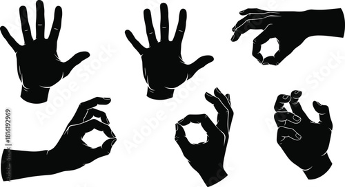 15 One-Word Keywords: Hand, silhouette, vector, gesture, palm, finger, black, sign, ok, stop, holding, grasping, symbol, arm, isolated