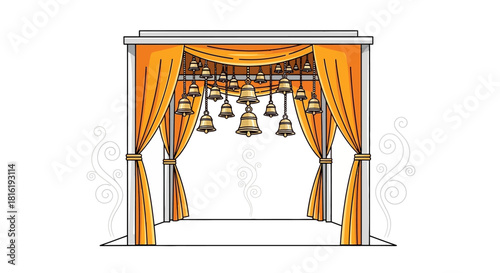 Illustrated orange Indian wedding mandap with bells. Backdrop template for indian weddings.