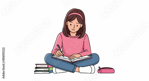 Young girl studying diligently with books and pencil case.