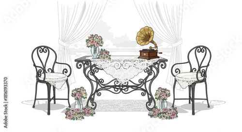 Elegant cartoon shows Indian wedding stage decorated with flowers, lace, & vintage gramophone. Use for Indian weddings, culture, or branding.