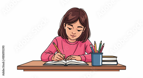 Girl diligently writing in a notebook at her desk.
