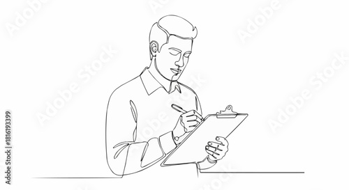 Man diligently writing on clipboard, focused and attentive, completing paperwork.