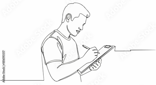 Man focused on writing on a clipboard with a pen.