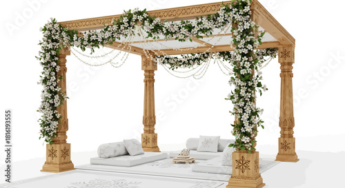 Light wood Indian wedding mandap decorated with white flowers. The setup is bright with soft lighting, ideal for backgrounds and wedding decor branding.