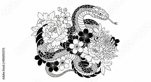 Intricate Japanese Tattoo Style Snake and Flowers Illustration.