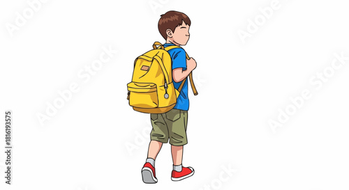 Young boy with a yellow backpack walking away from the camera.
