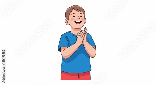 Young boy joyfully clapping hands together with a happy smile.