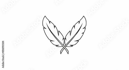 Two elegant feathers crossed in a simple line art drawing.