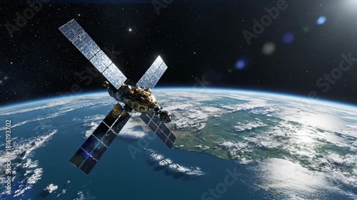 A satellite with prominent solar panels orbits a vibrant planet showing continents and oceans below with a starry background and lens flare