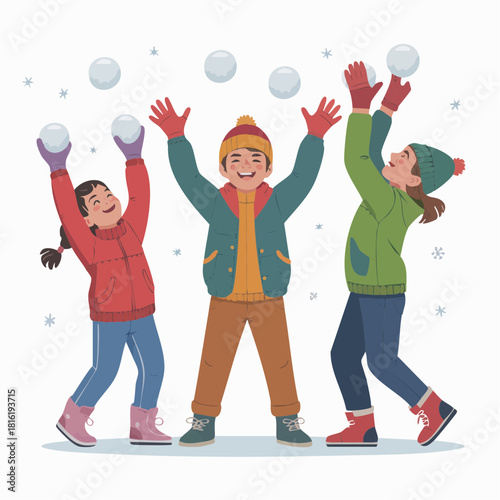 Three happy children playing with snowballs and enjoying winter outdoors.