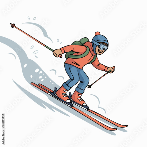 A happy person in winter gear skiing down a snowy mountain slope with poles and a backpack.