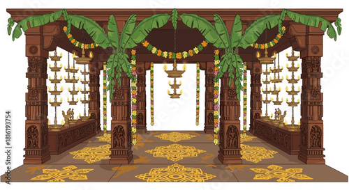 Brown wood Indian wedding mandap shines. Banana leaves, garlands decorate the space. Use as a digital backdrop, graphic design element, or background template.