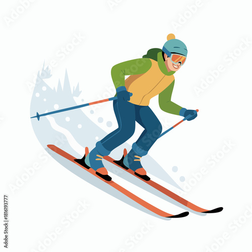 A smiling person in winter gear skiing down a snowy mountain slope with ski poles and goggles.