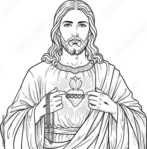 Jesus Christ vector illustration, hand drawn sketch of Sacred Heart, religious catholic portrait, black and white line art, god holding rosary beads.
