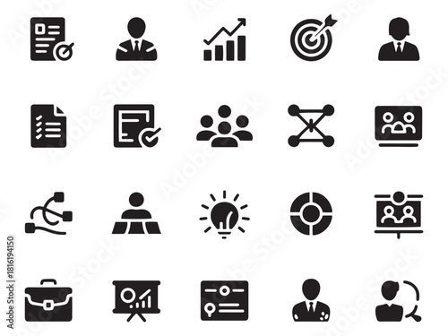 Collection of 20 business glyph style icons for presentations and projects