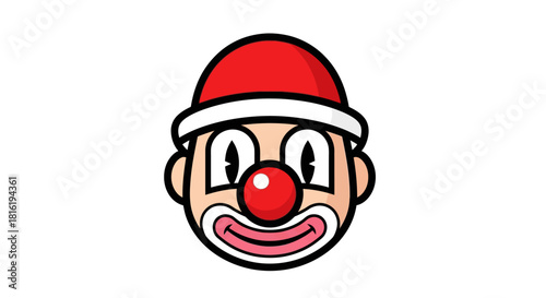 Cartoonish clown headshot with classic makeup and a red hat whimsical design