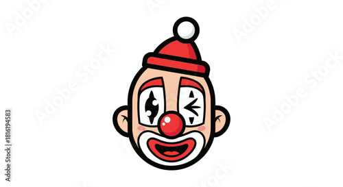 Whimsical clown face with exaggerated features and playful winking expression brings joyful emotion