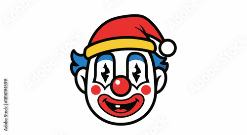 Festive clown with red santa hat and playful smile, suitable for holiday greetings and