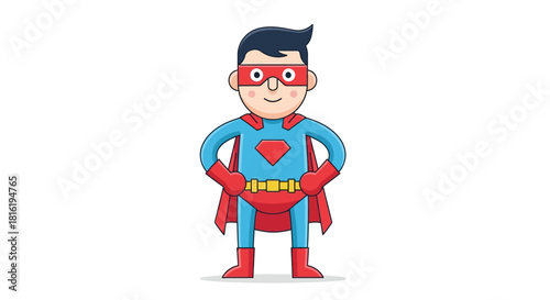 Cartoon superhero character with confident stance ready for action in bright colors