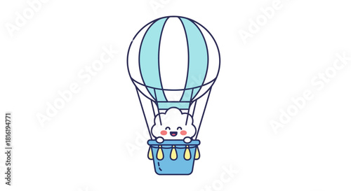 Whimsical cloud character soaring high in a charming striped blue hot air balloon vector