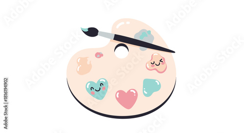 Delightful artist palette adorned with playful hearts and whimsical paint splotches illustration