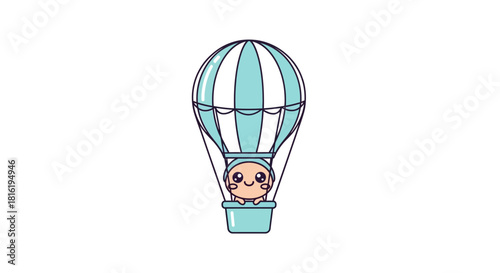 Cute animated character soaring high in a whimsical striped hot air balloon illustration