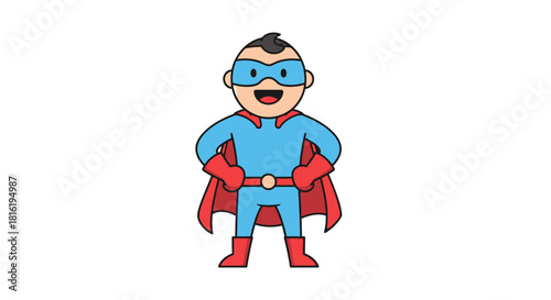 Cartoon illustration of a cheerful superhero standing with hands on hips wearing a cape